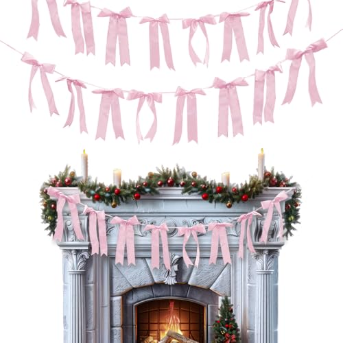 2 Strings Wedding Hanging Bow Pink Garland Bows Baby Shower Hanging Bows Pink Coquette Birthday Craft Bows Banner for Bridal Shower, Engagement, Wedding Decorations