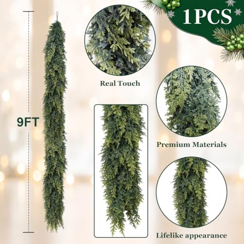 Green 9FT Christmas Cedar Garland Artificial Greenery for Holiday Decor
