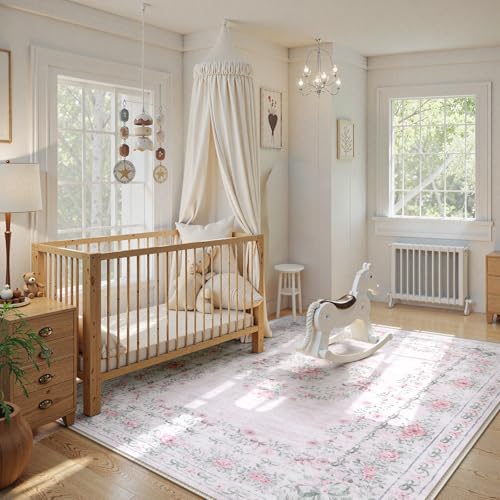 Wonnitar Light Pink Floral Bow Area Rug 8x10 for Bedroom & Nursery