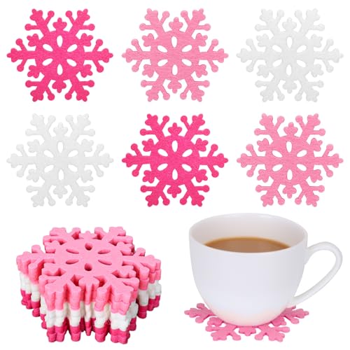 Pink Snowflake Felt Coasters Set of 15 for Christmas Winter Holiday Decor