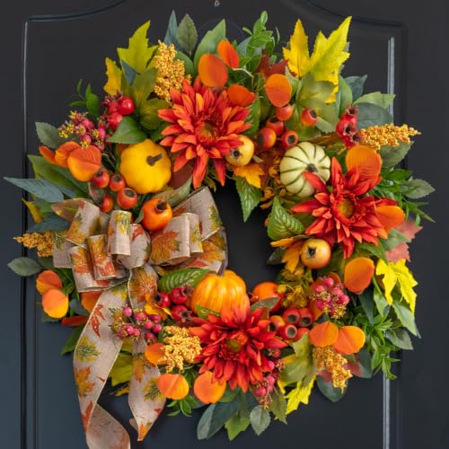 PureCosy Red Fall Wreath for Front Door 24 Inch Autumn Rustic Decor