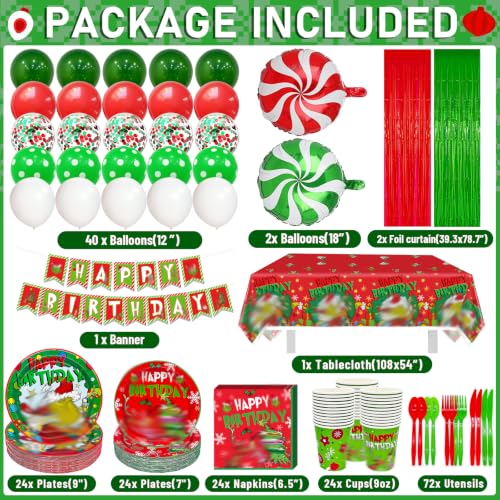 Christmas Birthday Party Decorations Set with Banner, Balloons, Tableware & Foil Curtains