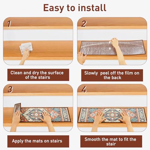 Red 8x30 Inch Non-Slip Carpet Stair Treads 15 Pack with Reusable Adhesive for Wooden Steps, Kids, Pets - Bohemia Style