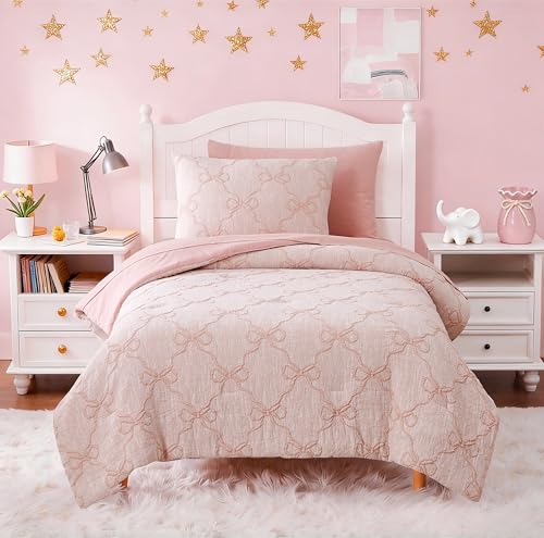 Pink Bow Twin Comforter Set with Sheets - Girl Bedroom Bedding 5 Pieces