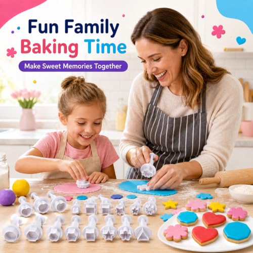 Crethinkaty 24pcs Fondant Plunger Cutters Set for Cake Decorating - Heart, Flower, Star, Geometric Shapes