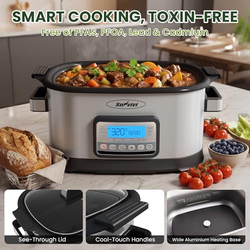 Sunvivi 12-in-1 Programmable Slow Cooker 6.5QT Stainless Steel with Timer & Keep Warm