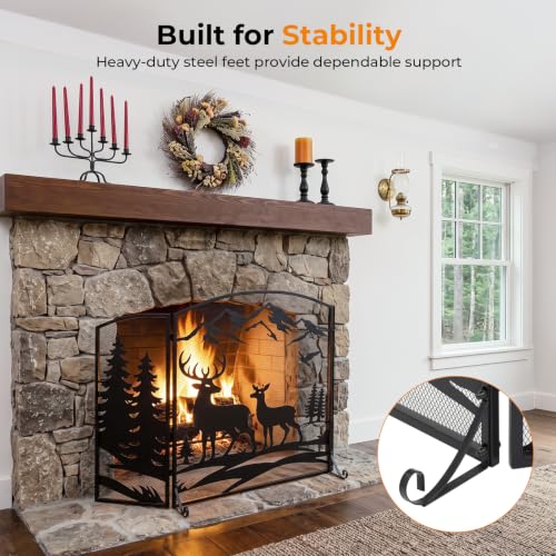BEAMNOVA Fireplace Screen Black 50 x 32 in Deer Trees Pattern, 3-Panel