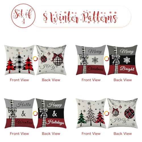 Christmas Pillow Covers 18x18 Inch Set of 4 Winter Red Xmas Trees Snowflake Decorative Cushions with Invisible Zipper, Double-Sided Print, Farmhouse Home Decor, White Red Black Variation