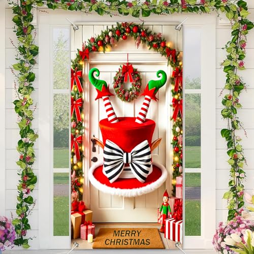 Christmas Elf Door Cover - 35x71 Inch Holiday Wall Banner for Front Door Decor