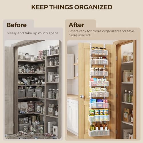 Over-the-Door Pantry Organizer 8 Tiers - White, Adjustable Spice Rack