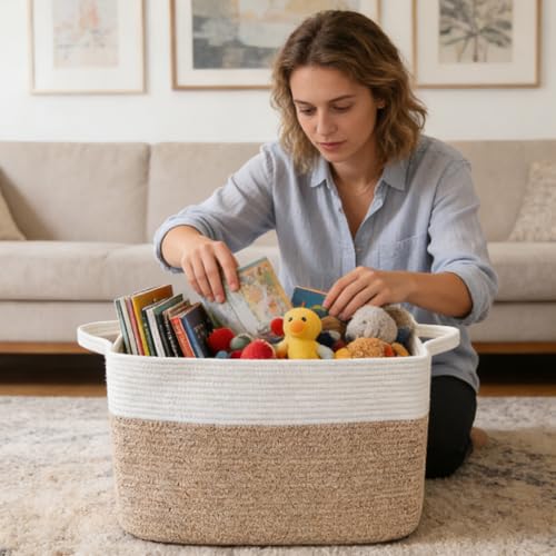 96L Laundry Basket with Handles - Extra Large Blanket & Toy Storage - White & Brown