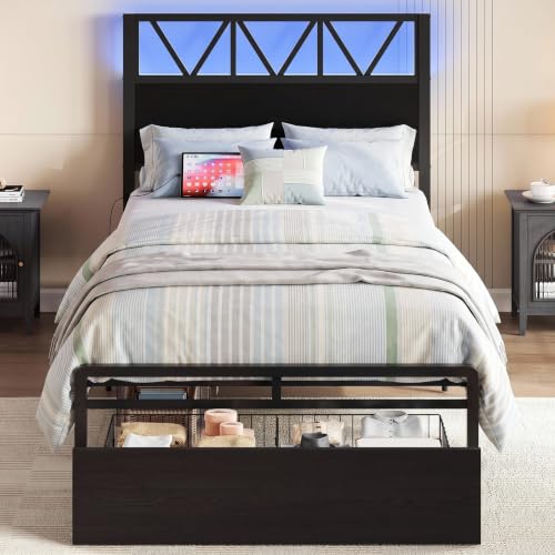 Twin Bed Frame with Storage Drawer Lights & Charging Station - Modern Design