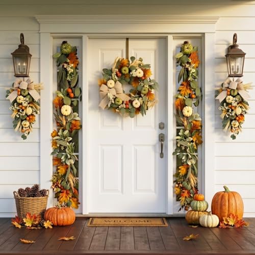 Valery Madelyn 6ft Fall Garland with Pumpkins & LED Lights, White/Green