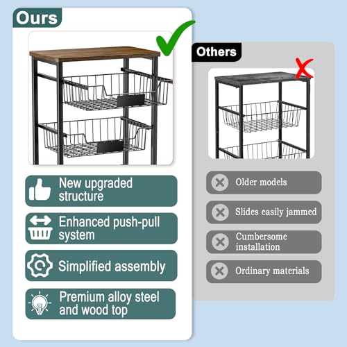 Kitchen Storage Cart with 4 Drawers & Wood Top - 5 Tier Mobile Organizer, Black