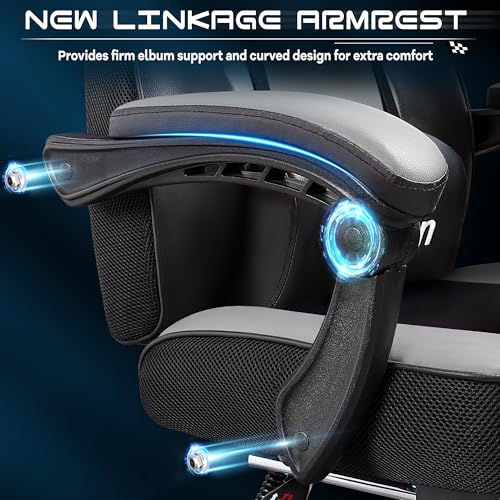 Big & Tall Gaming Chair with Footrest, Massage Lumbar Support, Adjustable Height - Grey / PU Leather