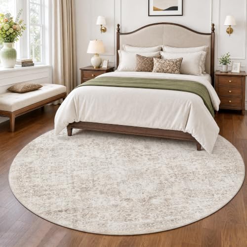 FMFUNCTEX 6ft Round Beige Vintage Area Rug - Washable, Non-Slip, Pet-Friendly