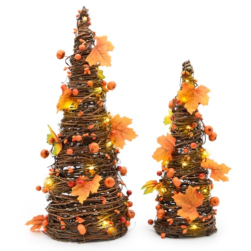 Lighted Fall Tabletop Trees with Pumpkins and Berries - Rustic Thanksgiving Decor - Orange, Yellow, Brown