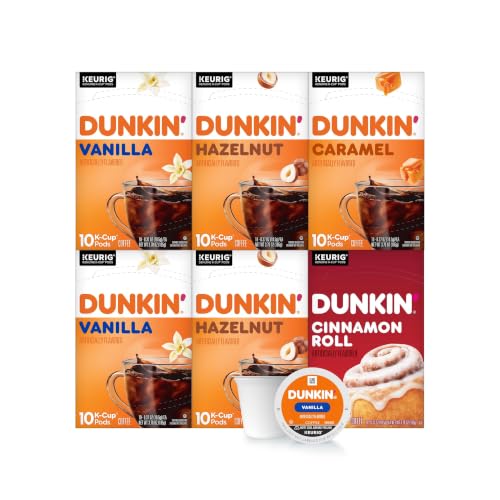 Dunkin' Flavored Coffee Variety Pack - 10 Count Packs, 60 K-Cup Pods - French Vanilla, Hazelnut, Cinnamon, Caramel (Variation of THIS listing)