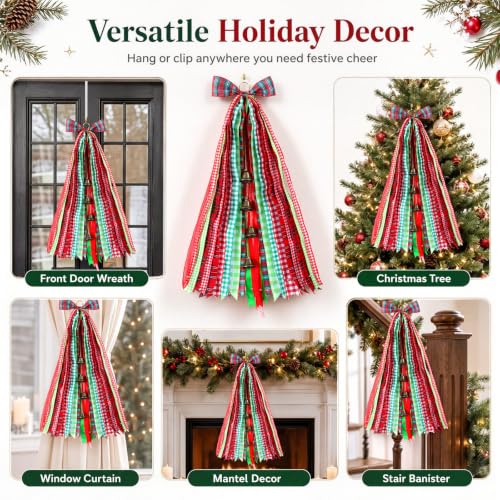 Large Christmas Plaid Wreath Bows with Bells - 2 Pack, 30x20 inches