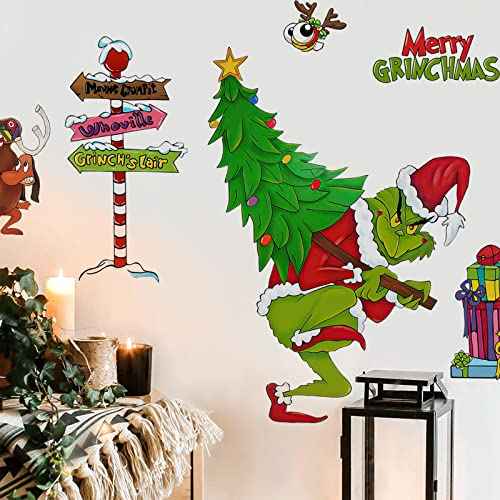 Yovkky Merry Christmas Wall Decals Stickers, Xmas Tree Sign Holiday Max Dog Decor, 2026 New Year Winter Green Red Farmhouse Home Kitchen Decorations Kids Boys Girls Bedroom Art Gift