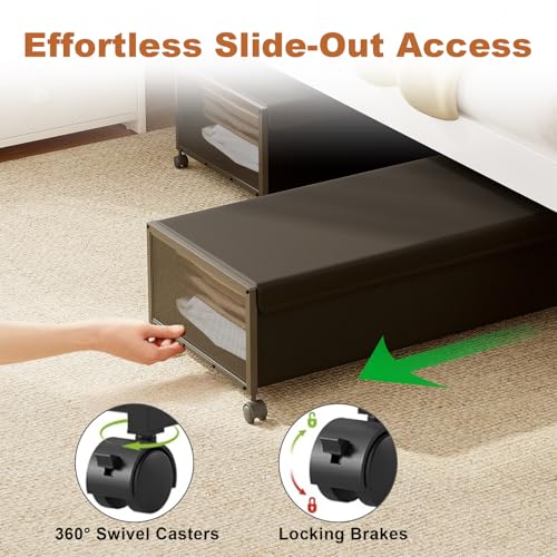 Fokyfok 2-Pack Under Bed Storage Bins with Wheels, 10-Inch Height, 31-Inch Long, Black