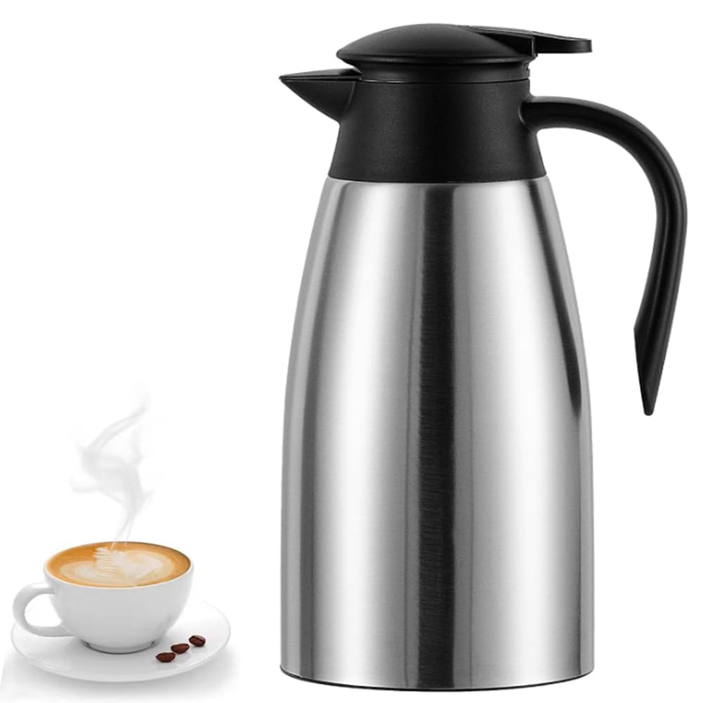70 Oz Insulated Thermal Coffee Carafe Stainless Steel Double Walled Vacuum Coffee Thermos, Hot Water, Tea, Hot Beverage Dispenser, Keep 24 Hour Heat Retention/12 Hour Cold Retention (Sliver, 2L)