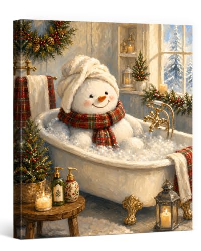 VRLSDTHF Christmas Bathroom Canvas Wall Art – Snowman Holiday Decor, 8x10 inches