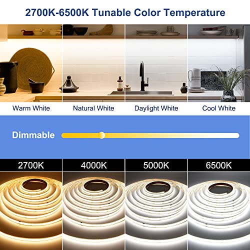 49ft Tunable White COB LED Strip Lights - Dimmable 2700K-6500K RGBW Light Kit with Remote