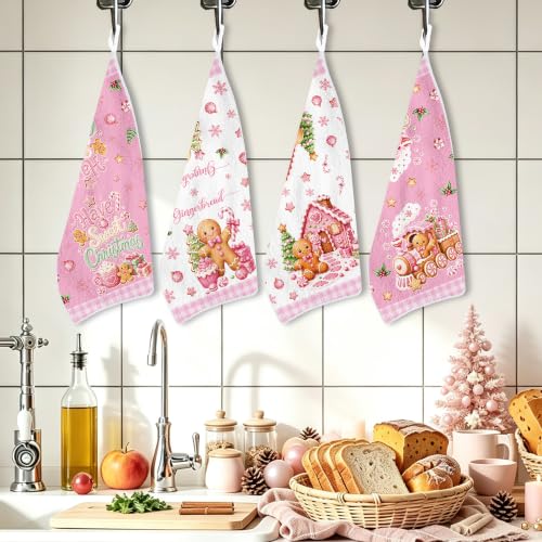 MOIZYNG Pink Christmas Gingerbread Kitchen Towels Set of 4 - Holiday Dish Towels