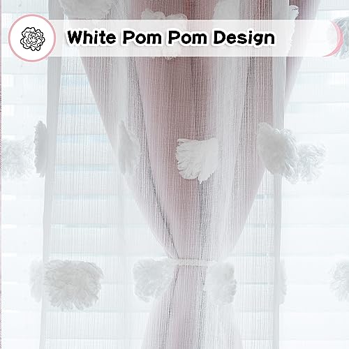 Pink Nursery Curtains Set - Blush Pink Double Layer Blackout Sheer Pom Pom Window Drapes, 52x84 Inches, Pack of 2
