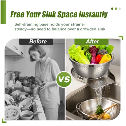 3 Sizes Stainless Steel Colander Set with Self-Draining Base Plate - Food Strainers for Pasta, Rice, Fruits & Veggies