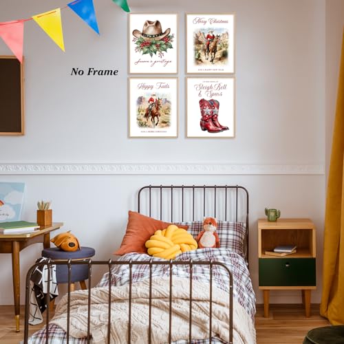 Western Santa Wall Art Prints Set of 4 - Cowboy Cowgirl Holiday Decor, Unframed 8x10