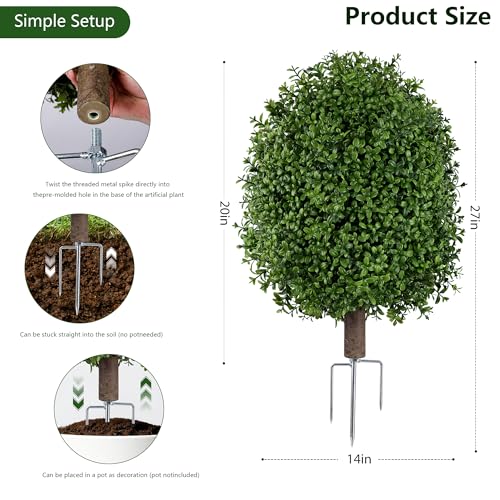 Green Boxwood Artificial Topiary Trees 24-Inch Outdoor Faux Bushes, 2 Pack