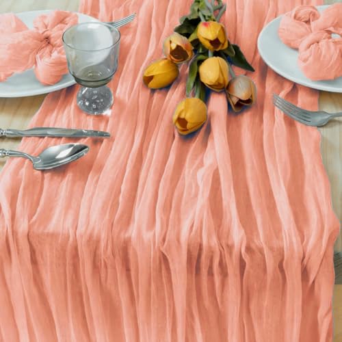 Coral Peach Pink Spring Summer Cheesecloth Table Runner Boho Rustic Gauze 120 inch 10FT Cheese Cloth Runner for Wedding Party Baby Shower Birthday Home Decor Holiday Decorations