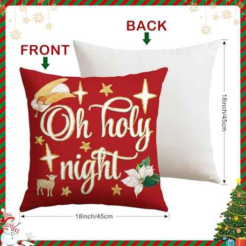 Artscope Christmas Oh Holy Night Merry Bright Jesus Wreath Throw Pillow Covers 18x18 Inch Set of 4, Winter Hoilday Christmas Decoration Pillow Cases for Home Sofa Couch Decor-Red