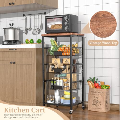 5-Tier Kitchen Storage Cart with Baskets and Wood Top - Rolling Utility Organizer