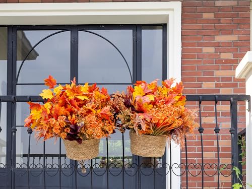 Artificial Fall Flowers Outdoor Set - Orange Red Maple & Mums, 24pcs Faux Autumn Plants for Garden & Patio
