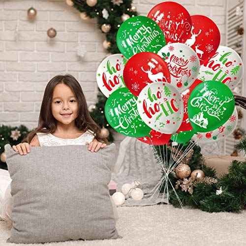 FEPITO 50Pcs Christmas Party Balloon 12 Inch White Red and Green Latex Balloons, 6 Merry Xmas Style for Decoration Party Supplies