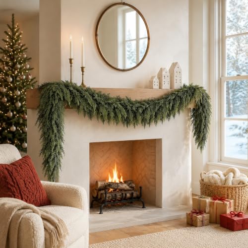 SHOPNEW 2PCS 9FT Artificial Cedar Garland Real Touch Greenery Holiday Decor
