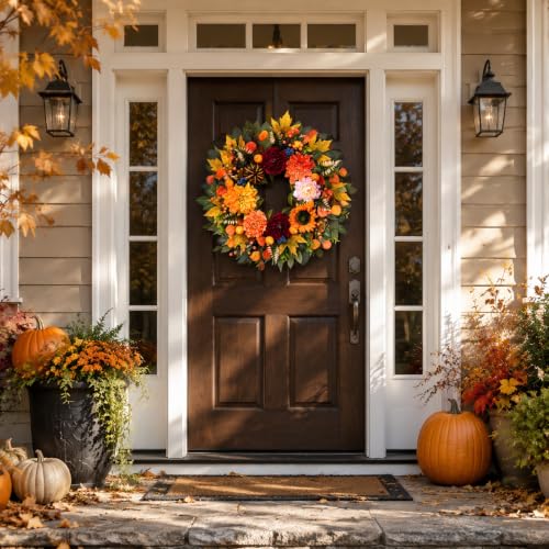 Waipfaru 26-Inch Fall Harvest Wreath with Pumpkins & Autumn Decor, Orange-Green