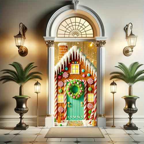 Christmas Door Cover Christmas Gingerbread House Hanging Banner Candy Gingerman Backdrop Front Door Porch Sign Photography Background Winter Xmas New Year 35x71 £¨Banner, Not a Real Wreath£©