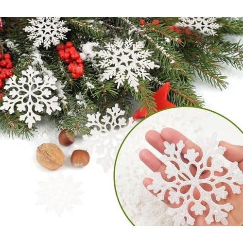 36pcs Snowflakes-Christmas Tree Decorations, Snowflake Ornaments for Tree, Plastic Glitter White Snow Flakes Ornaments, Christmas Indoor Winter Wonderland Decor