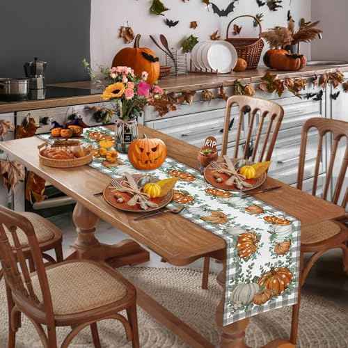 Fall Table Runner, Kaluofan 2024 Table Runner 13"x72", Thanksgiving Table Runner, Fall Decorations for Home, Grid Pattern Around Various Pumpkin for Dining Table Decorations