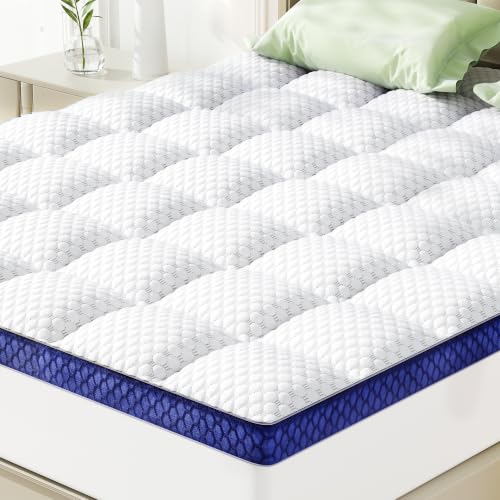 BEDELITE Queen Mattress Topper Pillow Top 2 Inch Cooling Bed Pad White-Blue