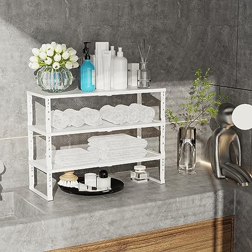 Jojocross Expandable White Metal Kitchen Organizer - 2 Pack, Adjustable & Stackable Spice & Pantry Shelves, 10.24"D x 16.6"–26.5"W