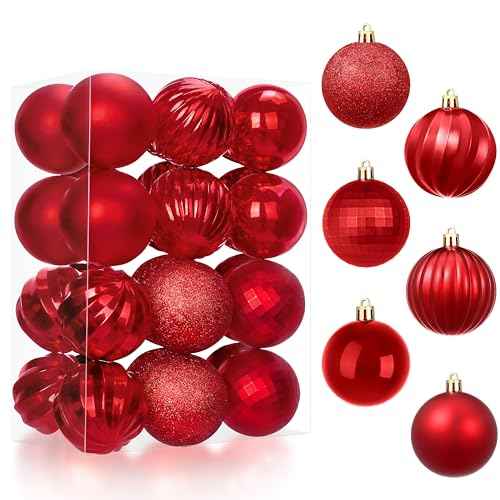 JOIEDOMI 24 Pcs Red Christmas Balls Ornaments Set, 1.6" Small Shatterproof Christmas Tree Ornaments, Xmas Hanging Balls Decorations for Tree Wreath Garland Holiday Wedding Party Indoor Decor