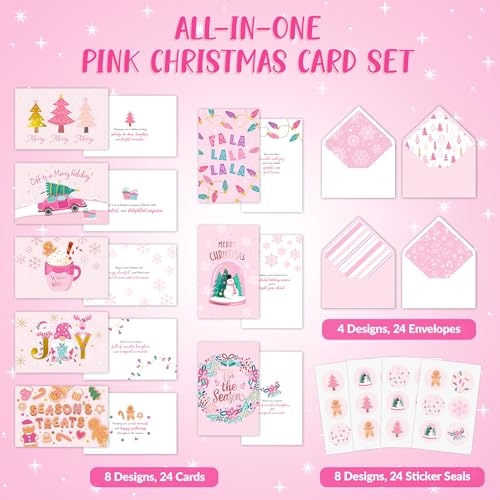 Pink Foiled Christmas Cards 24-Pack with Envelopes 6x4in