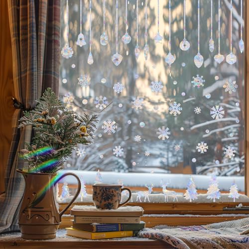 Christmas Window Clings Snowflake Bell Static Cling Xmas Deer Pine Tree Window Decals Winter Snow Prismatic Vinyl Stickers Anti-Collision Window Stickers for Bird Strikes Suncatcher Stickers