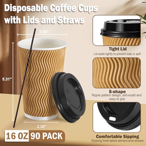 16 oz Disposable Coffee Cups with Lids & Straws - Champagne Pack of 90