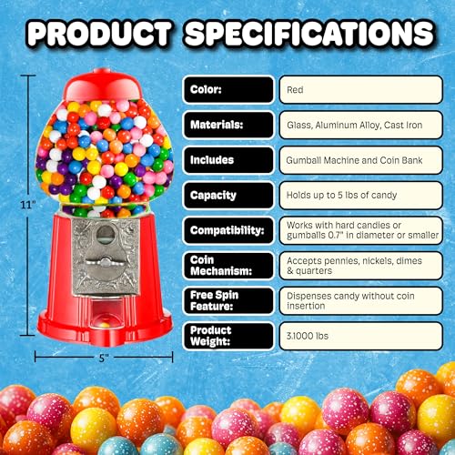 Vintage Red Gumball Machine - 11-Inch Classic Candy Dispenser with Coin Bank
